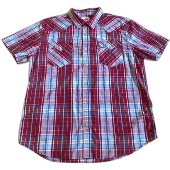 Levi’s Pearl Snap Plaid Short Sleeve Western Rodeo Shirt Red Blue Sz XL - Picture 1 of 11